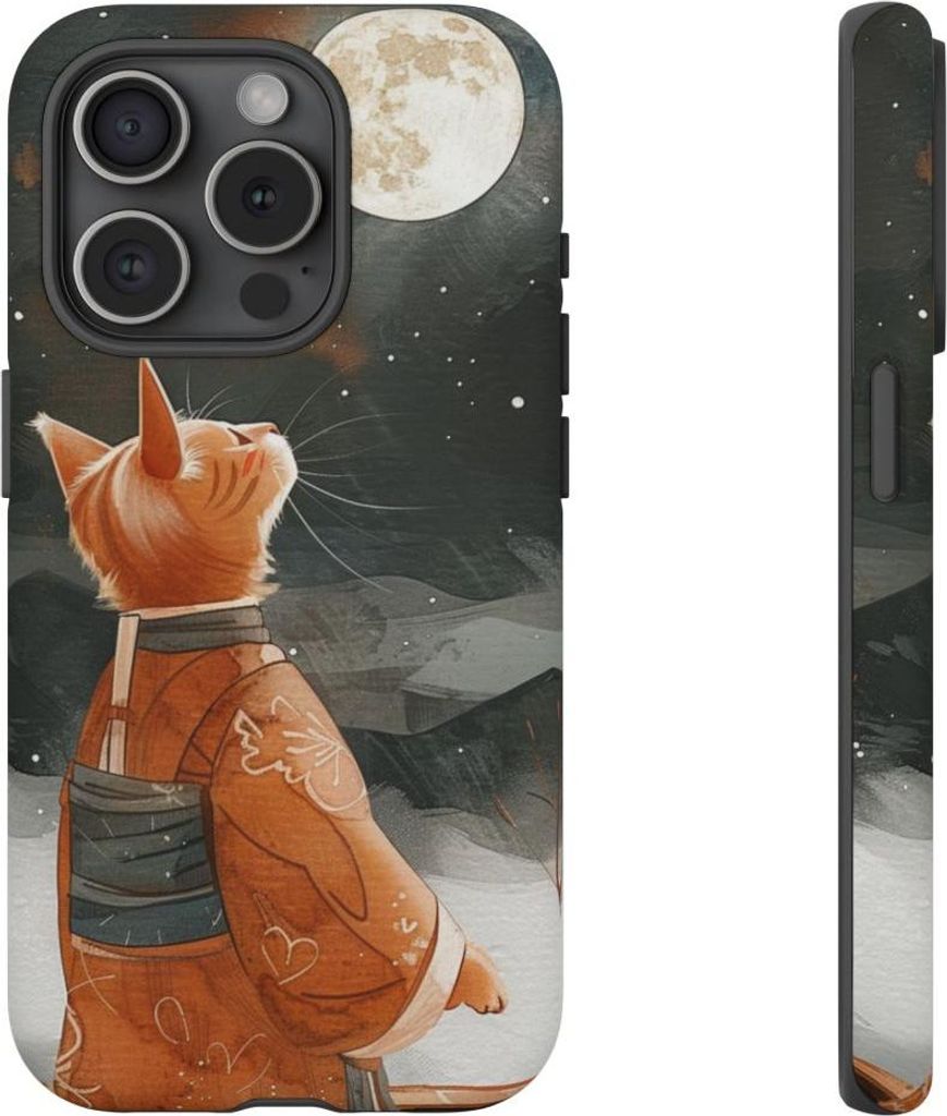 Orangefarbene Katze im traditionellen Gewand bei Vollmond – Hülle Kompatibel mit iPhone 15 Pro