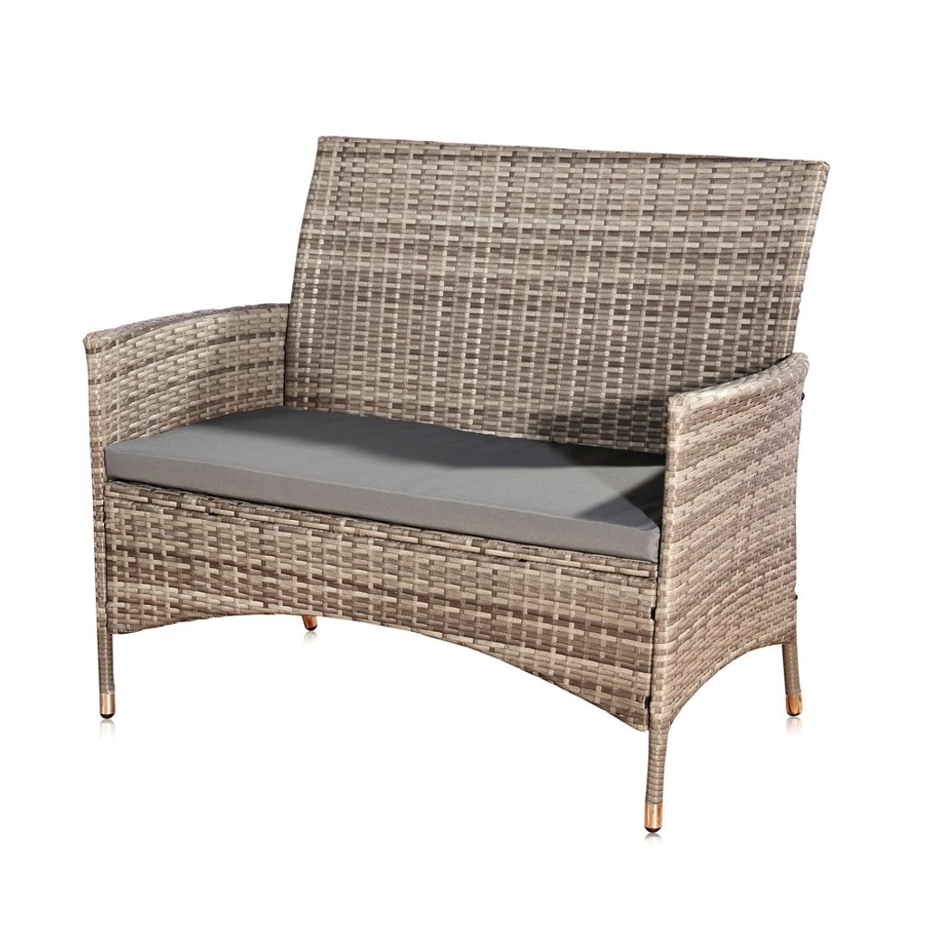 A polyrattan garden bench with a grey cushion, shown against a white background.