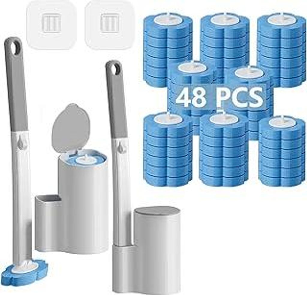 Einweg Toilettenbürste?2er Set verlängertem Griff und Halter-Set WC-Bürsten?Klobürste mit 48 Stück Reiniger Nachfüllungen für Badezimmerrein...