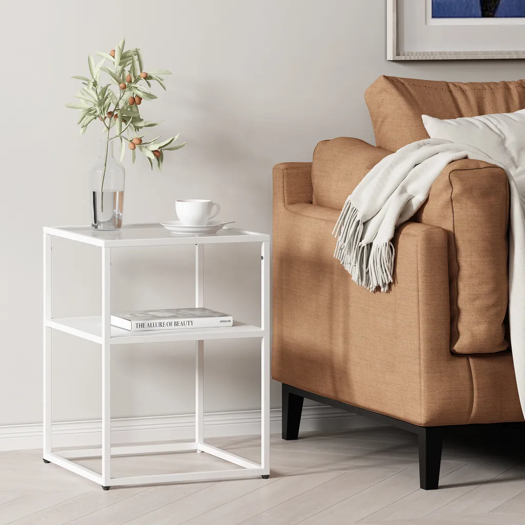 Table d'appoint stable Solund blanc mat verre acier pour petit salon