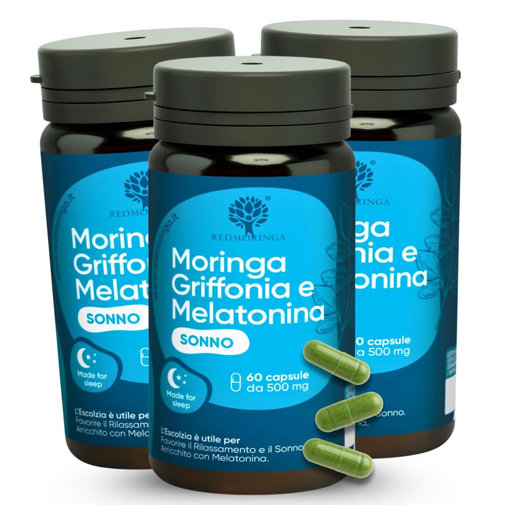 Melatonin mit Griffonia 5-HTP, Moringa, Baldrian, Melisse & Kalifornischem Mohn | 180 Pflanzliche Kapseln – RedMoringa