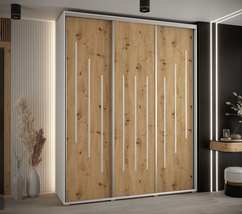 Kleiderschrank ASIRI 8 - 200/45 cm, Weiß / Artisan-Eiche / Silber