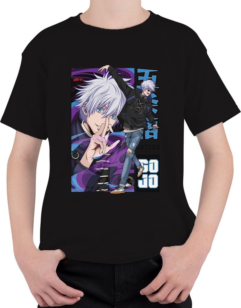 Satoru Gojo Jujutsu Kaisen weißes Haar Haar blaue Augen Fan Uni Kinder T-Shirt, Schwarz, 104