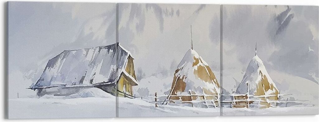 Bild auf Leinwand - Leinwandbild - 3 Teile - Haus Berge Schnee - 150x50cm - Wand Bild - Wanddeko - Wandbilder - Leinwanddruck - Bilder - Wanddekora...