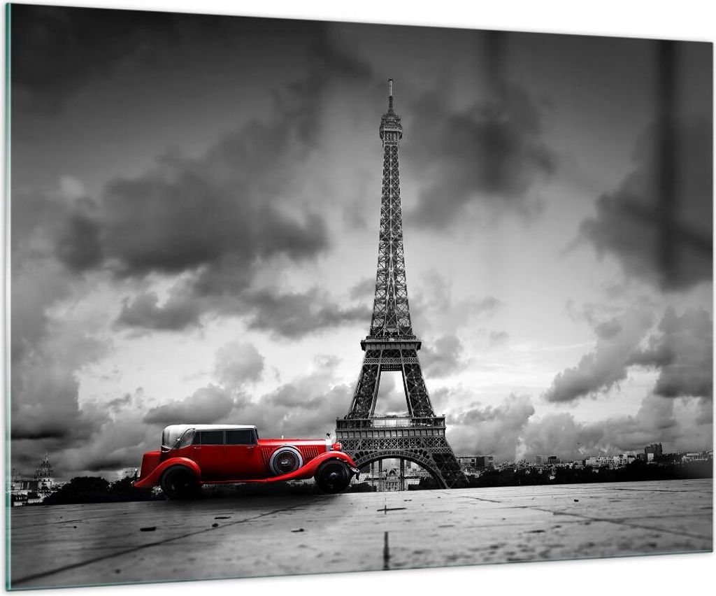 Bilder auf glas - Auto Eiffle Paris Stadt - 100x70cm - Glasbilder - Wandbilder - Kunstdruck - zum Aufhängen bereit - Wanddekoration aus Glas - Gla...