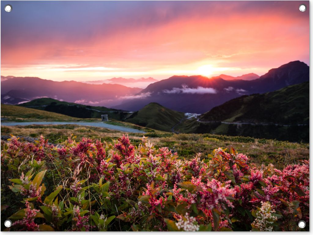 MuchoWow 80x60 cm Outdoor-Poster Gartendeko Sichtschutz Garten Poster für den Garten Blumen - Berge - Landschaft - Nacht - Himmel - Rosa