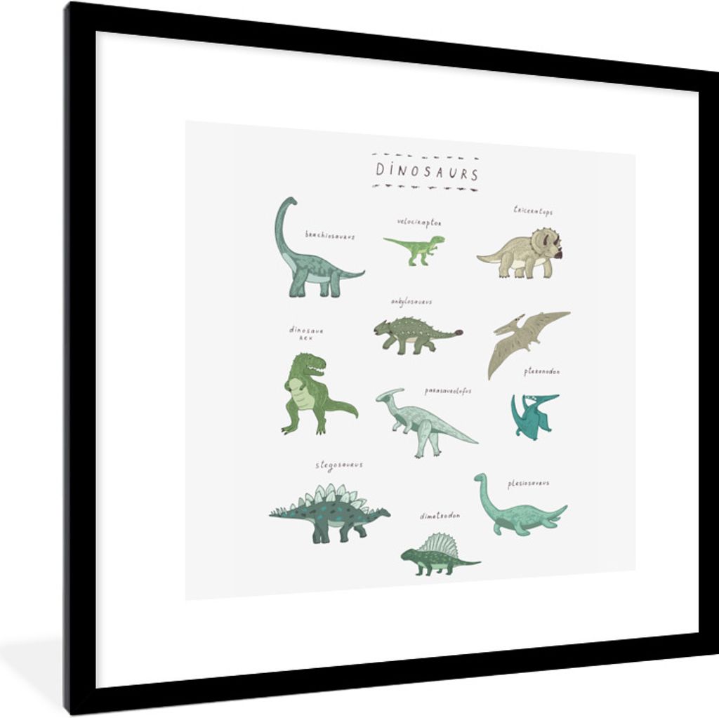 MuchoWow Gerahmtes Poster Kinderzimmer - Dinosaurier - Weiß - Jungen - Mädchen - Kinder 40x40 cm - Poster mit Schwarzem Bilderrahmen Wandposter...
