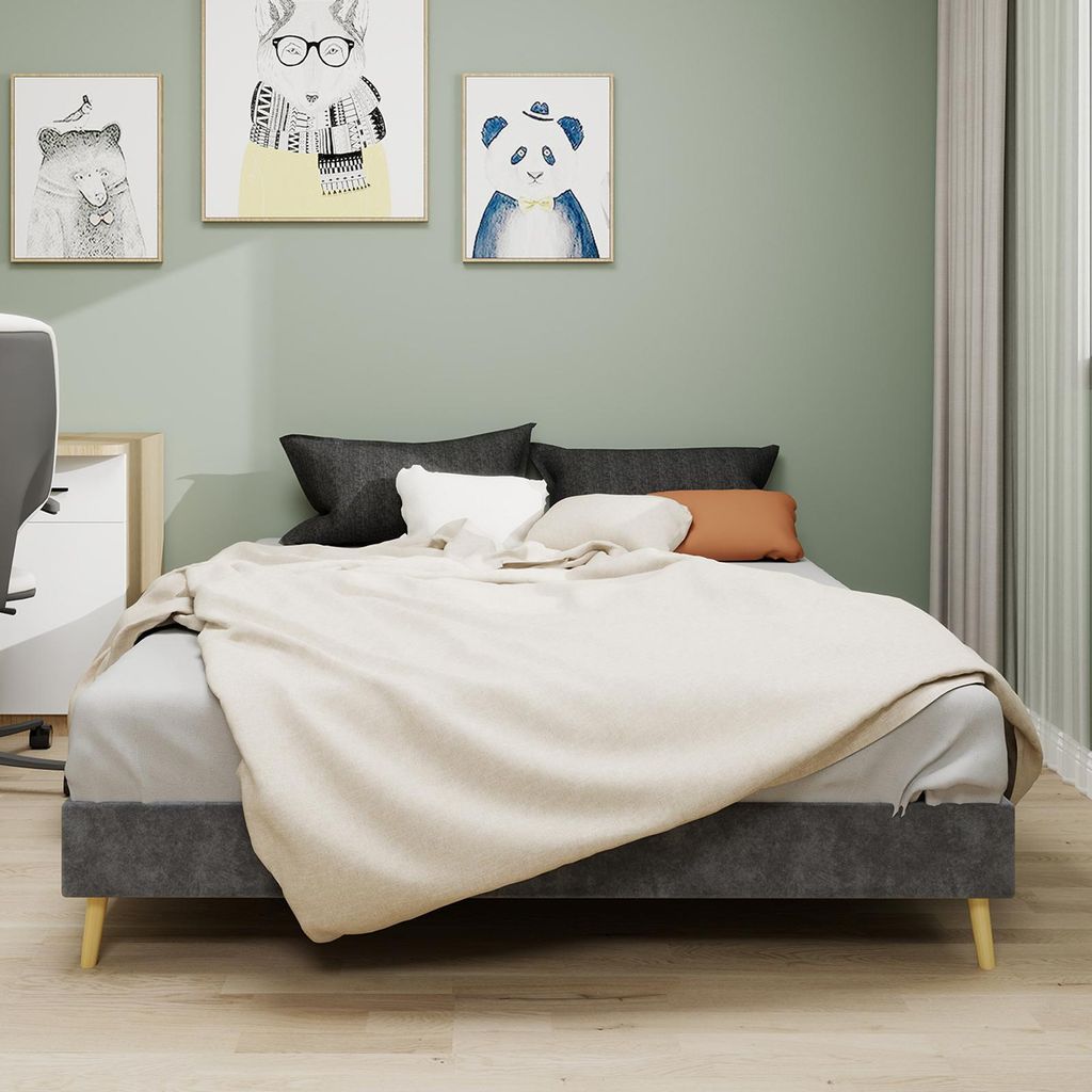 Sweiko Modern Minimalist Bed Frame, 140x200 cm, Grey, Dutch Velvet Fabric, Low-Profile Base, Modern Style Bedroom Furniture. Excludes Gas Lift, Hea...