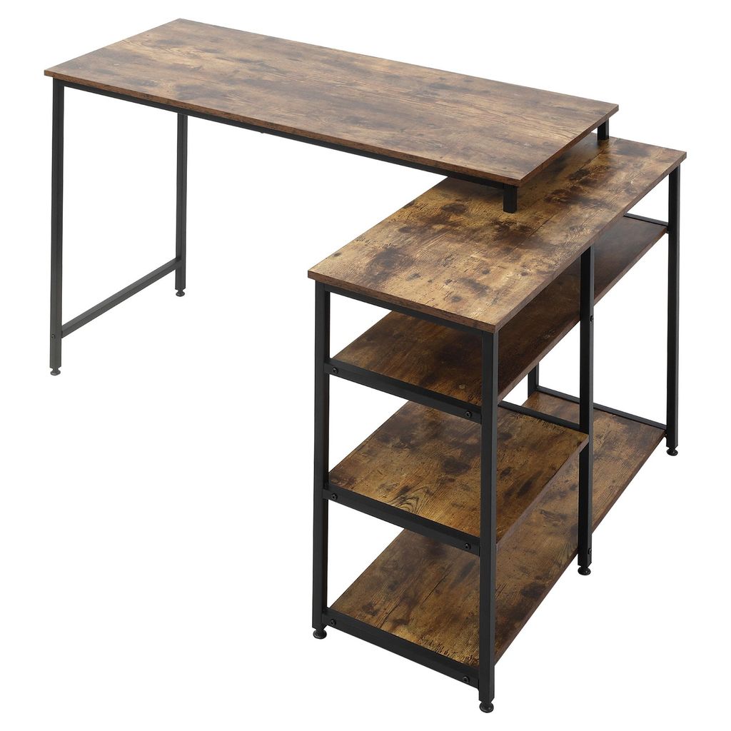Fortuna Lai Eckschreibtisch L-Form PC-Tisch mit Regal und Schublade 135x90x79cm rustikales Braun Spanplatte Metall für Büro & Home Office