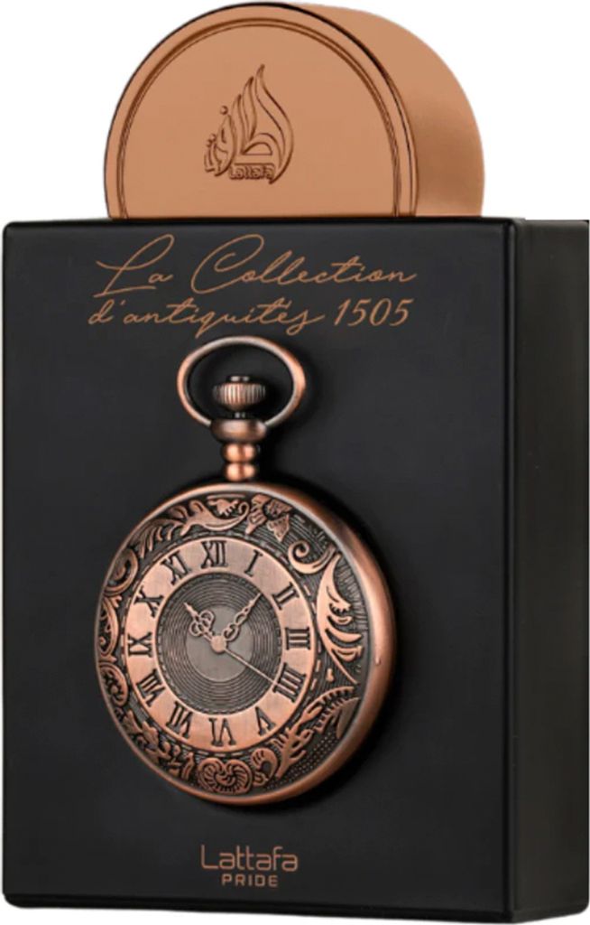 A black box with a pocket watch design and a gold cap on top.