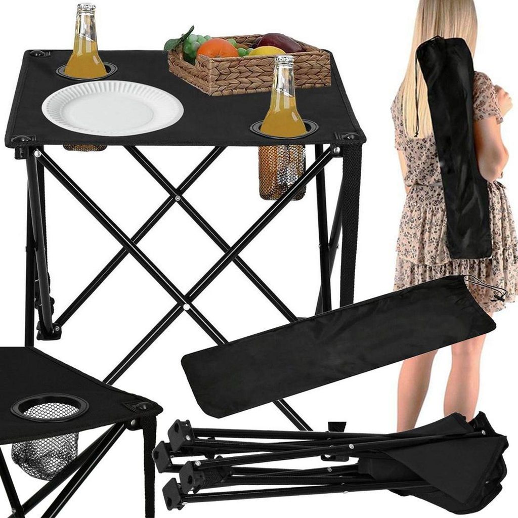 A collage of images showing a portable folding table with drinks and a basket of fruit, a woman carrying a folded table, and the table disassembled.