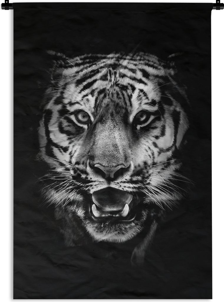 MuchoWow Wandteppich Wandbehang Tiger Kopf auf schwarzem Hintergrund - schwarz und weiß 120x180 cm Tapisserie Dekoration Wandtuch - Schlafzimmer...