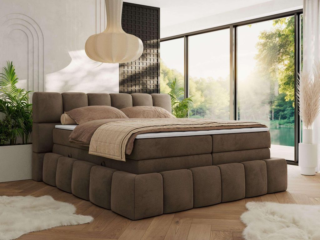 MKS MEBLE Boxspringbett 140 x 200 mit bettkasten NIRA KING, Polsterbett 7 Zonen Multipocket-Matratze und Topper, Doppelbett - Braun Velvet - H4