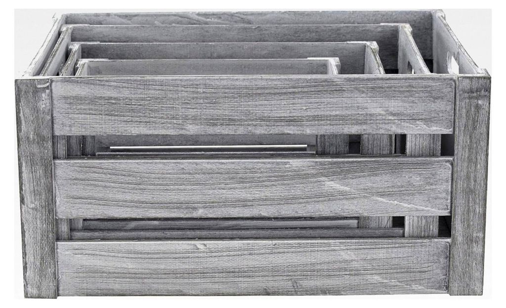 Holzkisten grau weiß mit Griffen 4er Set 25, 30, 35 und 40cm Aufbewahrungsbox Obstkiste Weinkiste