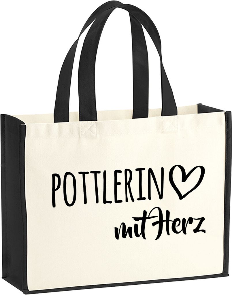 Huuraa Jutetasche Pottlerin mit Herz 21 Liter Black Jute und Baumwolle Einkaufstasche Geschenkidee