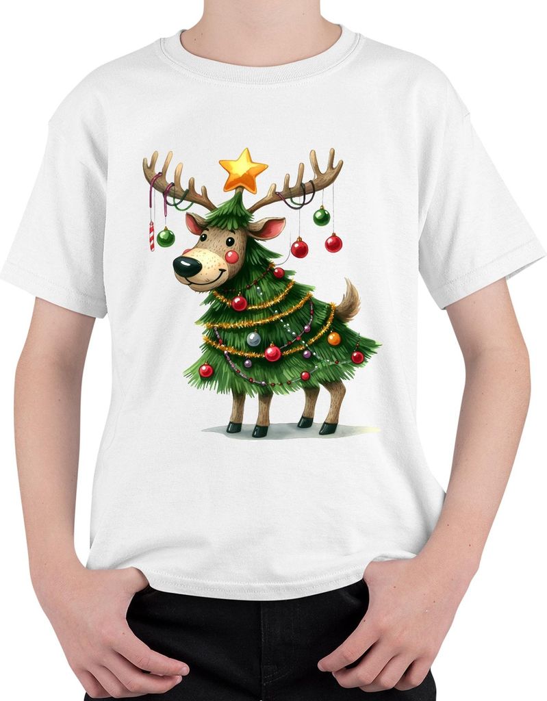 Weihnachtsrentier Weihnachtsbaum Stern Kugeln lustig Geschenk Uni Kinder T-Shirt, Weiß, 128