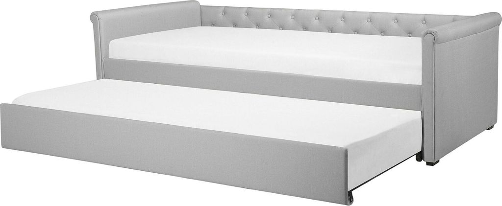 BELIANI Tagesbett Ausziehbett Hellgrau 80 x 200 cm Ausziehbar Polsterbezug Leinenoptik Mit Lattenrost Knopfverzierung Praktisch Modern