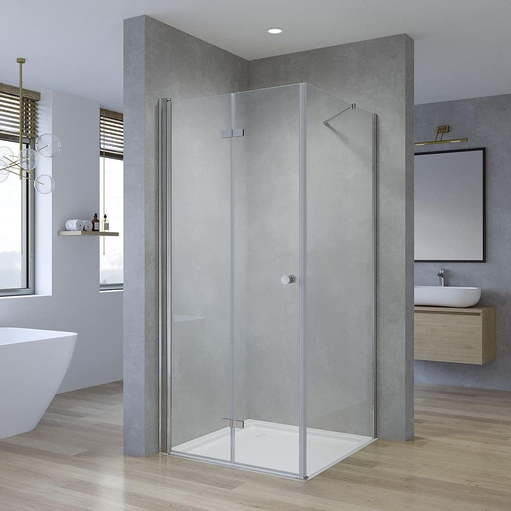 Duschkabine 80x90x187 cm Eckeinstieg Falttür Duschtür mit seitenwand Eckdusche Rahmenlose Duschtür Drehfalttür 5 mm Einscheiben-Sicherheitsglas...
