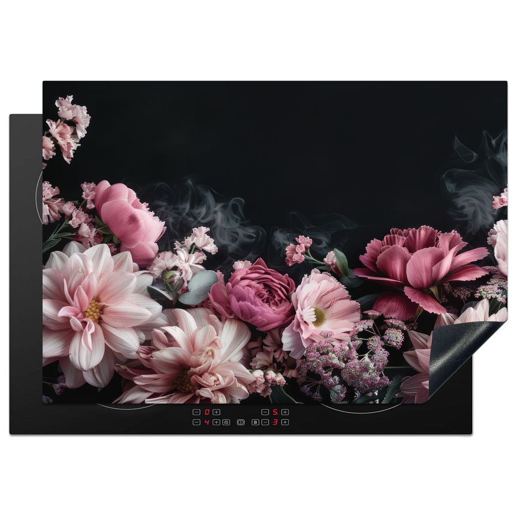 KitchenYeah Herdabdeckplatte Blumen - Rosa - Natur - Schwarz , 75x52cm, Küche Deko, Glaskeramikkochfeld Herdabdeckung, Abdeckplatte fùr Kochfeld
