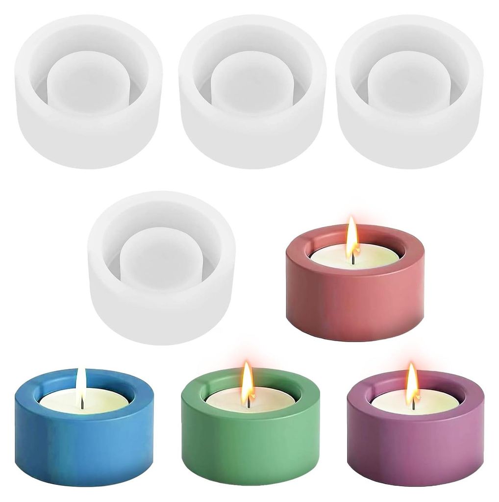 4-teiliges Formenset für Kerzenhalter, Silikonform für Teelichthalter, DIY-Zementkerzenhalter, für Kerzenhalter, Kunst, Heimdekoration (runde Form)