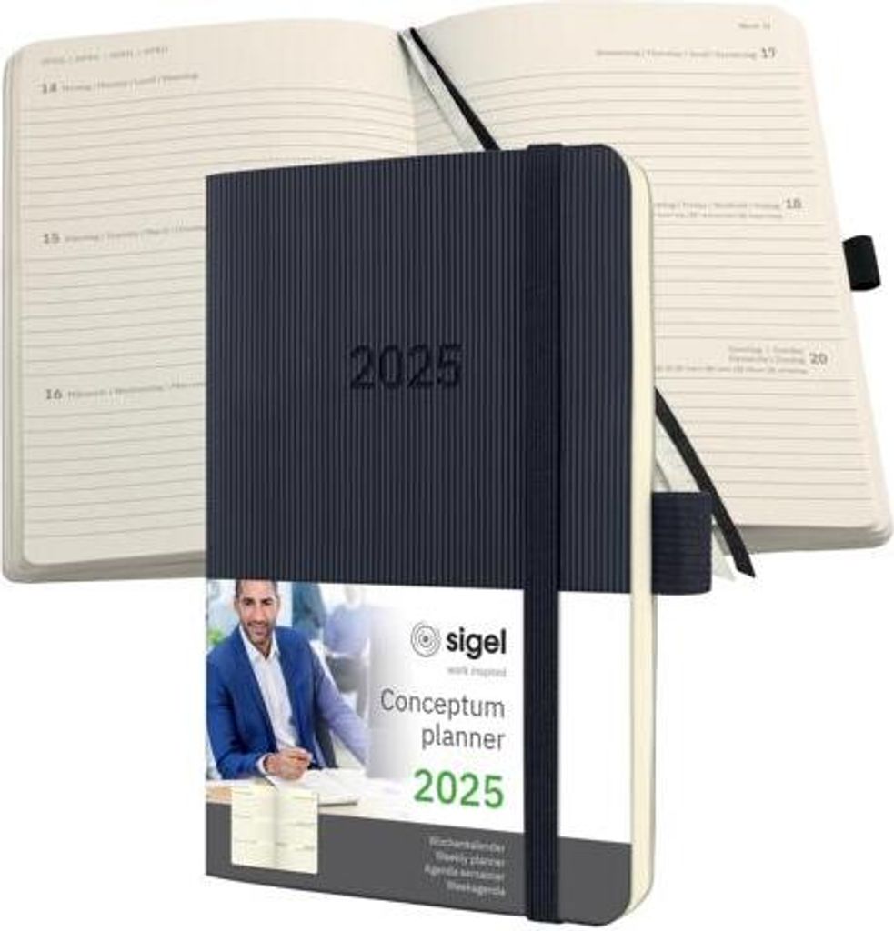 SIGEL C2523 Wochenkalender Conceptum 2025 - ca. A6 - schwarz - Softcover - 2 Seiten = 1 Woche - 176 S. - PEFC-