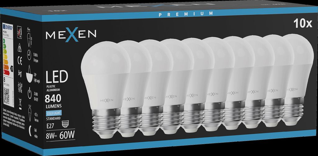 Mexen Nova 10x LED-Glühbirne E27, G45, 8W, Kalt - 6500K, Produktbild 