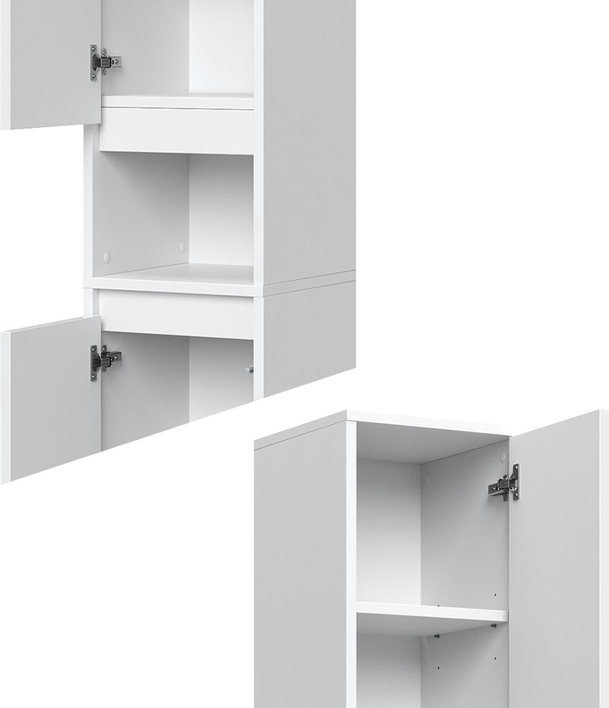 A white cabinet with doors and open shelves.