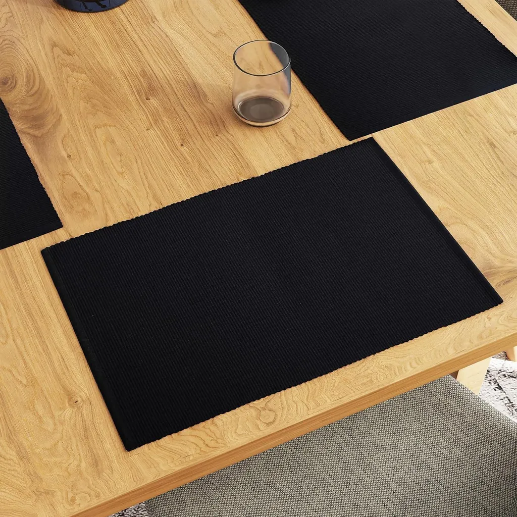 Sets de Table Noirs en Coton Côtelé 48x32 cm - Finition Luxe - Lot de 6