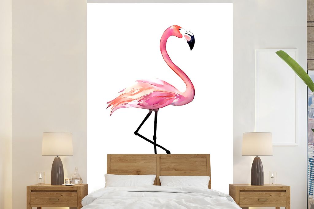 MuchoWow Fototapete für Wohnzimmer oder Schlafzimmer Wandtapete Vinyl Motivtapete Zeichnung - Flamingo - Rosa - 155x240 cm - Tapete