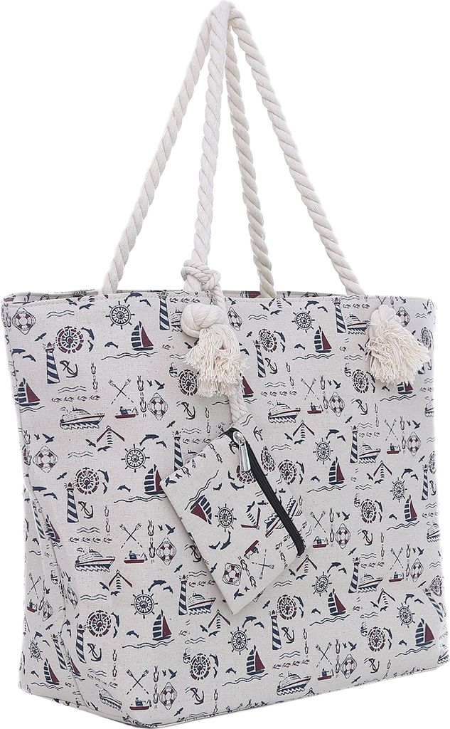 Große Strandtasche Shopper mit Reißverschluss - maritimes Design naturfarben