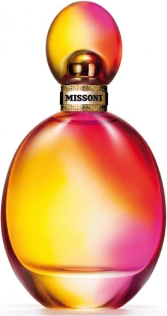 A perfume bottle with a gradient of yellow, orange, and pink colors, with the brand name 'MISSONI' printed on a gold band around the neck.