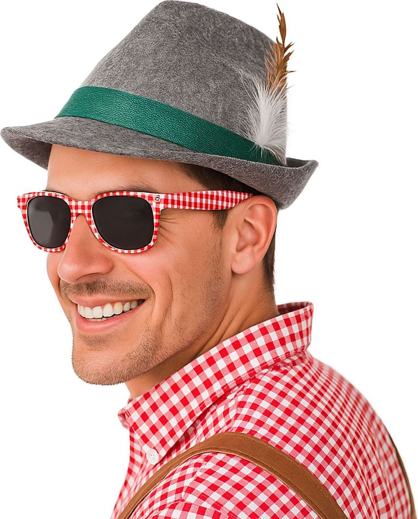 Trachtenhut Grau mit Rot-Weiß karierte Brille für Produktbild 