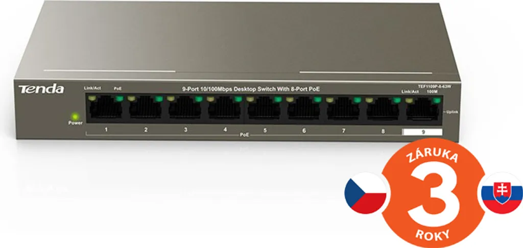 Commutateur PoE Tenda TEF1109P-8-63W à 9 ports Ethernet