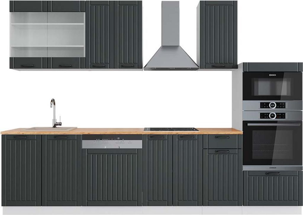 Küchenzeile Vicco Fame-Line Anthrazit Landhaus/Weiß 300 cm mit Hochschrank, AP Eiche, Model 42521