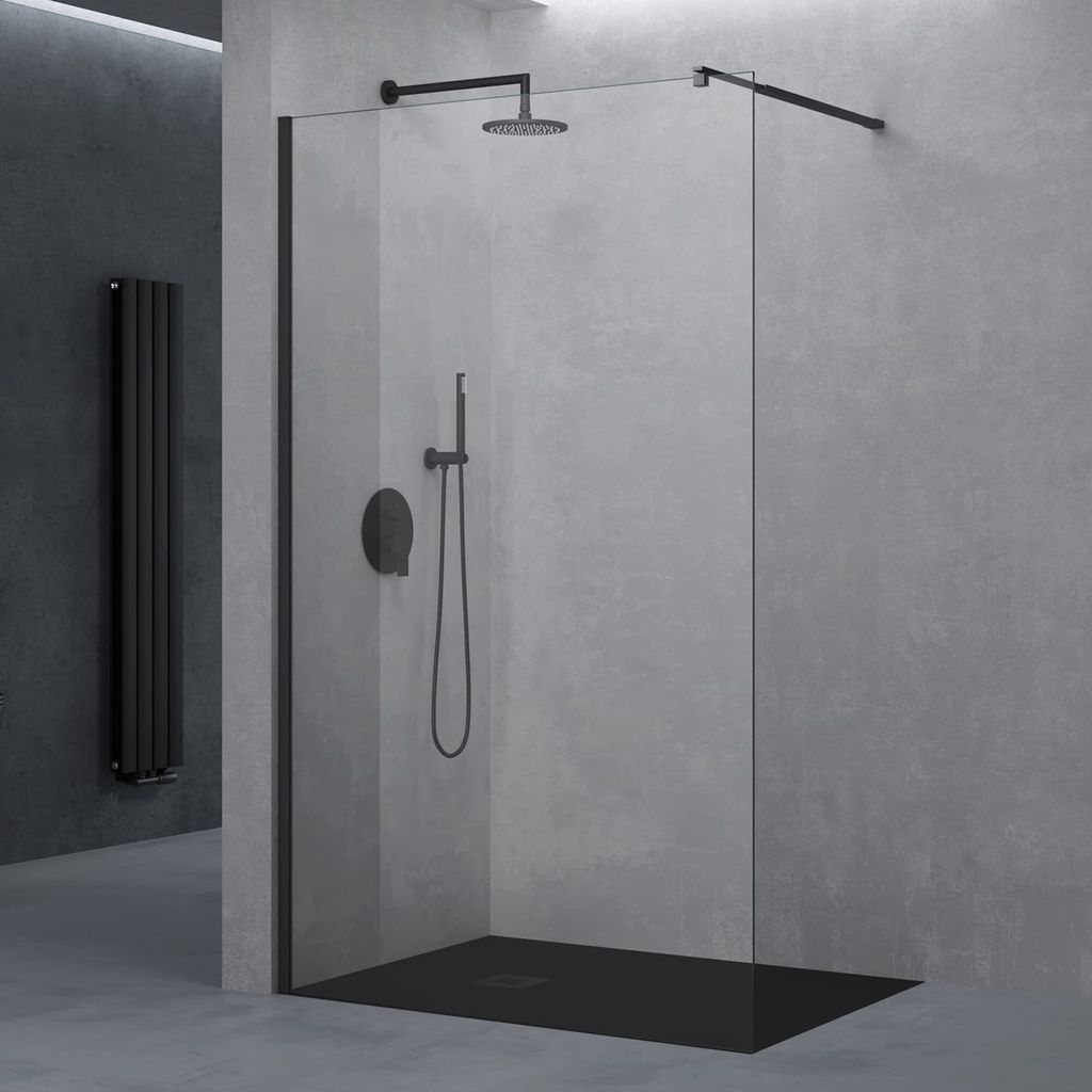 doporro Luxus Duschwand Duschabtrennung 50x200 Schwarz Walk-In Dusche mit rundem Stabilisator aus Echtglas 8mm ESG-Sicherheitsglas Klarglas Bremen01K