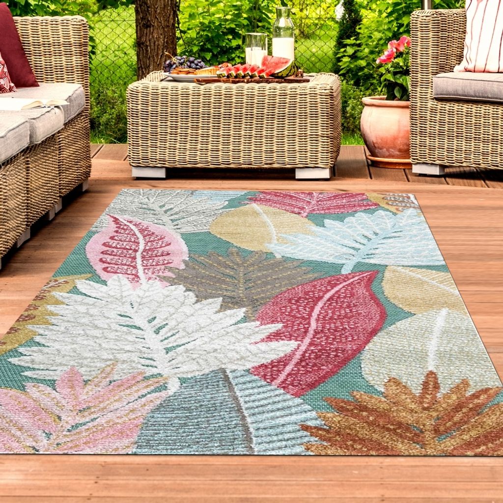 Outdoor Teppich Blumen Muster 3d-Effekt wetterfest türkis bunt Größe - 240 x 340 cm