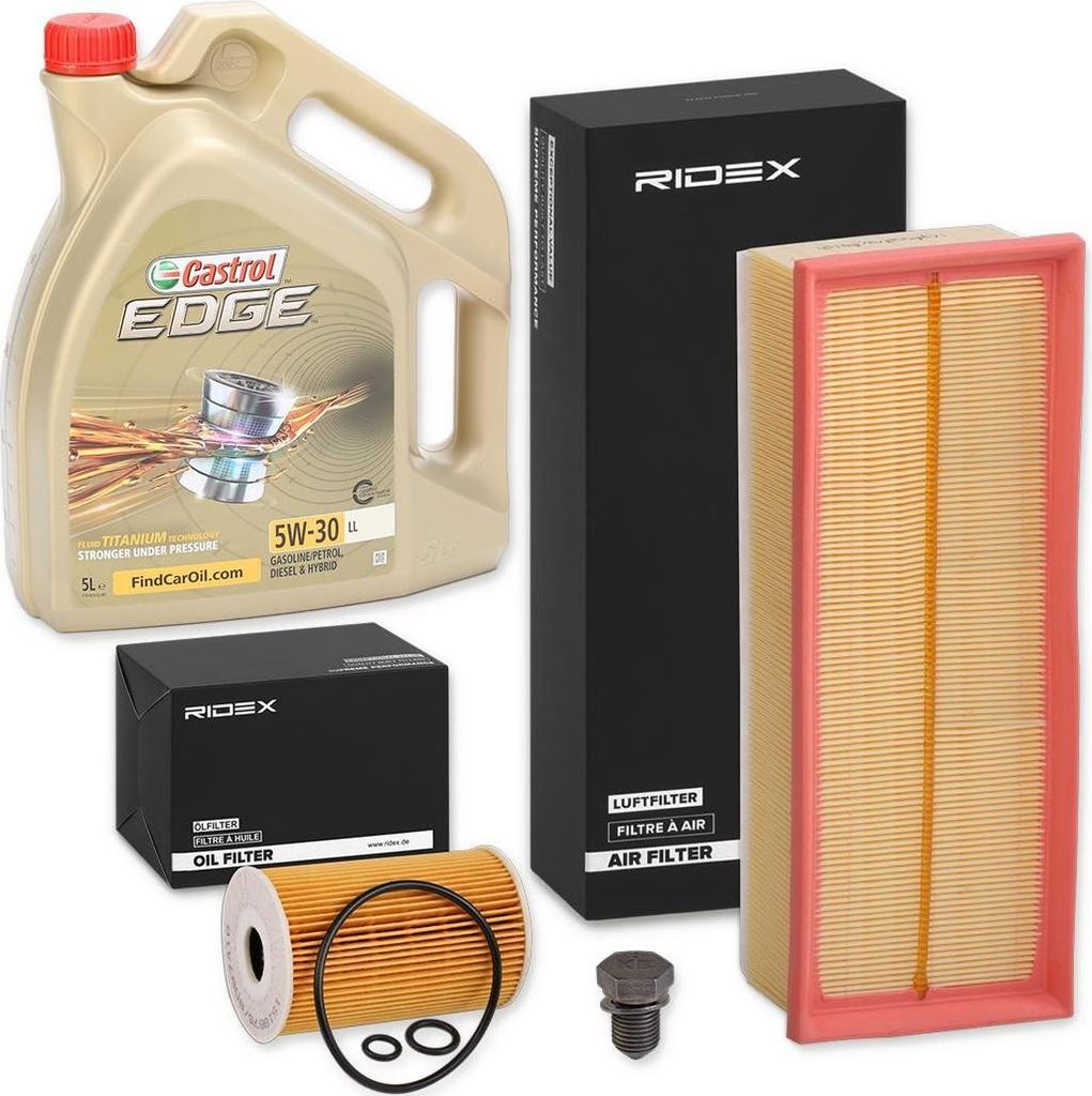 RIDEX Inspektionspaket Filter Set mit Öl 5W-30 5L für VW Golf V Schrägheck (1K1) GOLF VI (5K1) TOURAN (1T1, 1T2) Passat Variant (3C5) TIGUAN (5N)