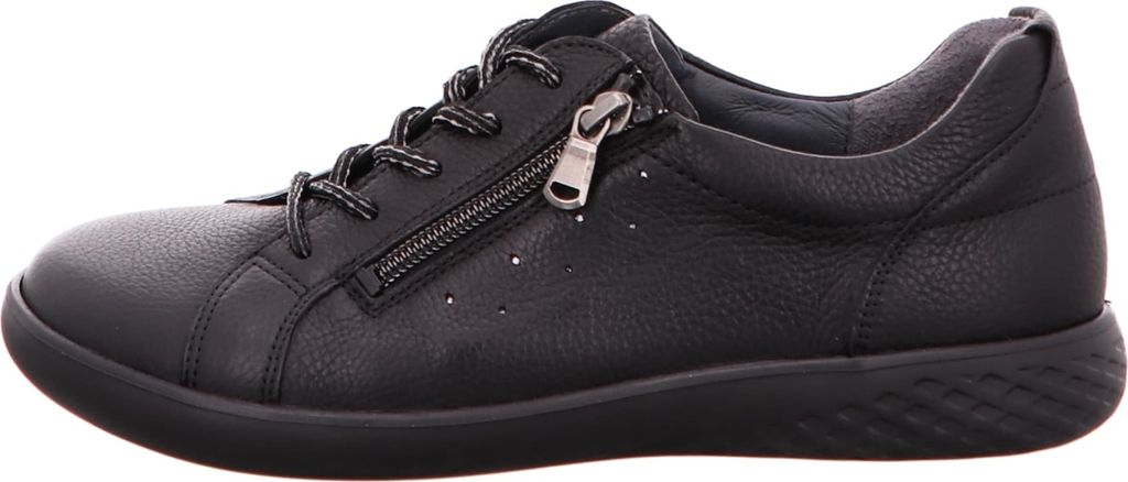 A side view of a black leather sneaker with a zipper.