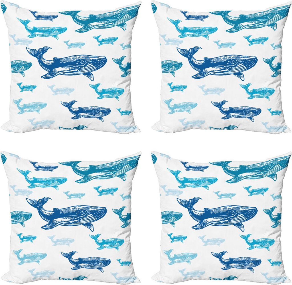 ABAKUHAUS Meerestiere Kissenbezug Set (4 Stück), Ozean Tiere Bunte, Moderner Doppelseitiger Digitaldruck, 45 cm x 45 cm, Blau Weiss