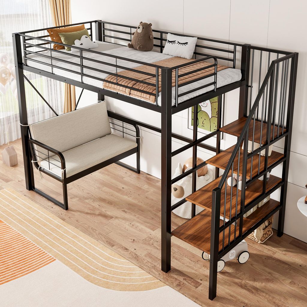 okwish Hochbett 90x200 mit Matratze Jugendbett mit Abnehmbares Sofa,Bettgestell mit Rausfallschutz und Stauraum,Einzelbett mit Metallrahmen,Schwarz