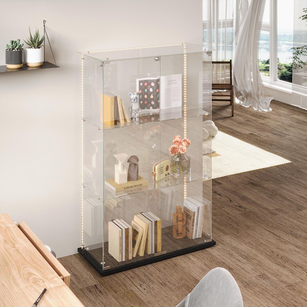 UnboxG Glas Vitrine mit LED-Beleuchtung – Transparenter Displayschrank mit 3 Ebenen, 30,9x35x123,3 cm, Modernes Design für Wohnzimmer, Büro ode...