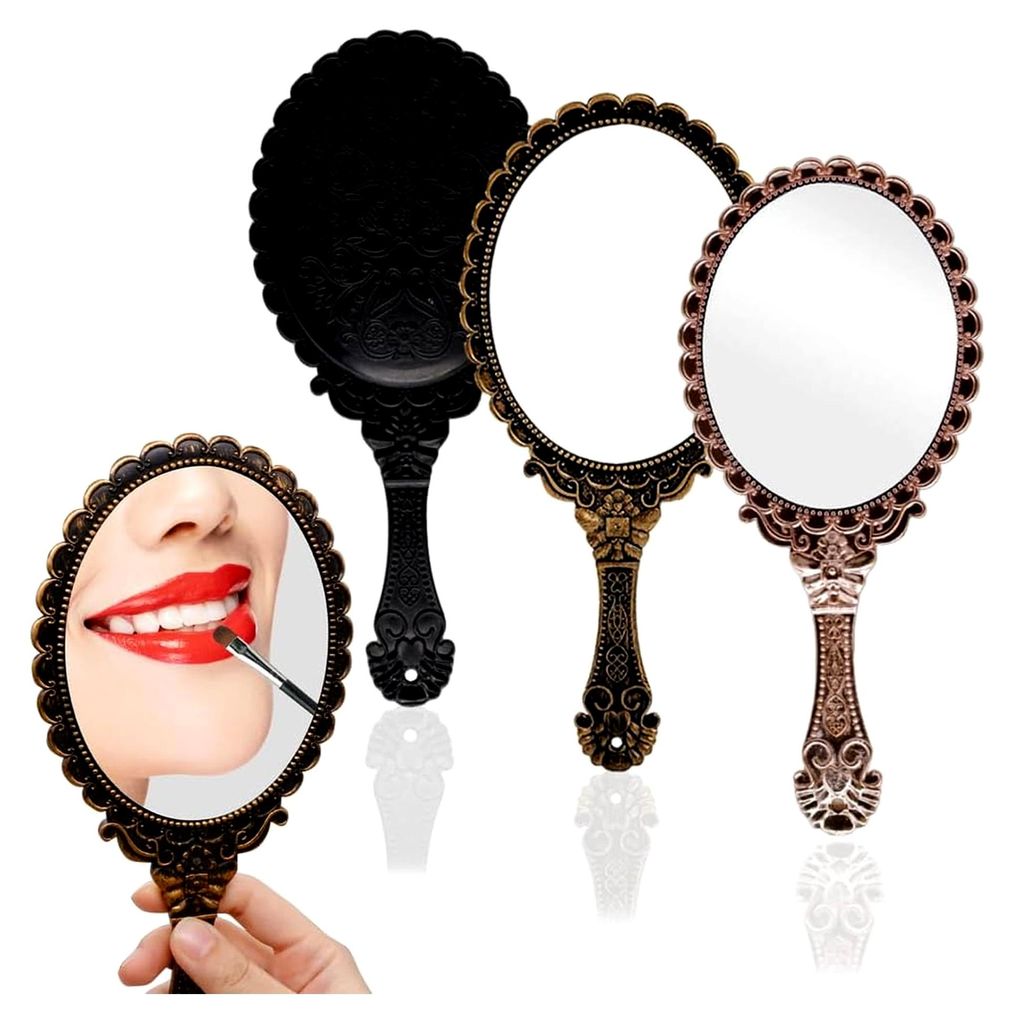 3 Stück Handspiegel, Make-Up Spiegel mit Griff, Retro-Spiegel, Geprägter Floraler Vintage Spiegel, Kompakt und Tragbar, Einseitiger Ovaler Spiege...