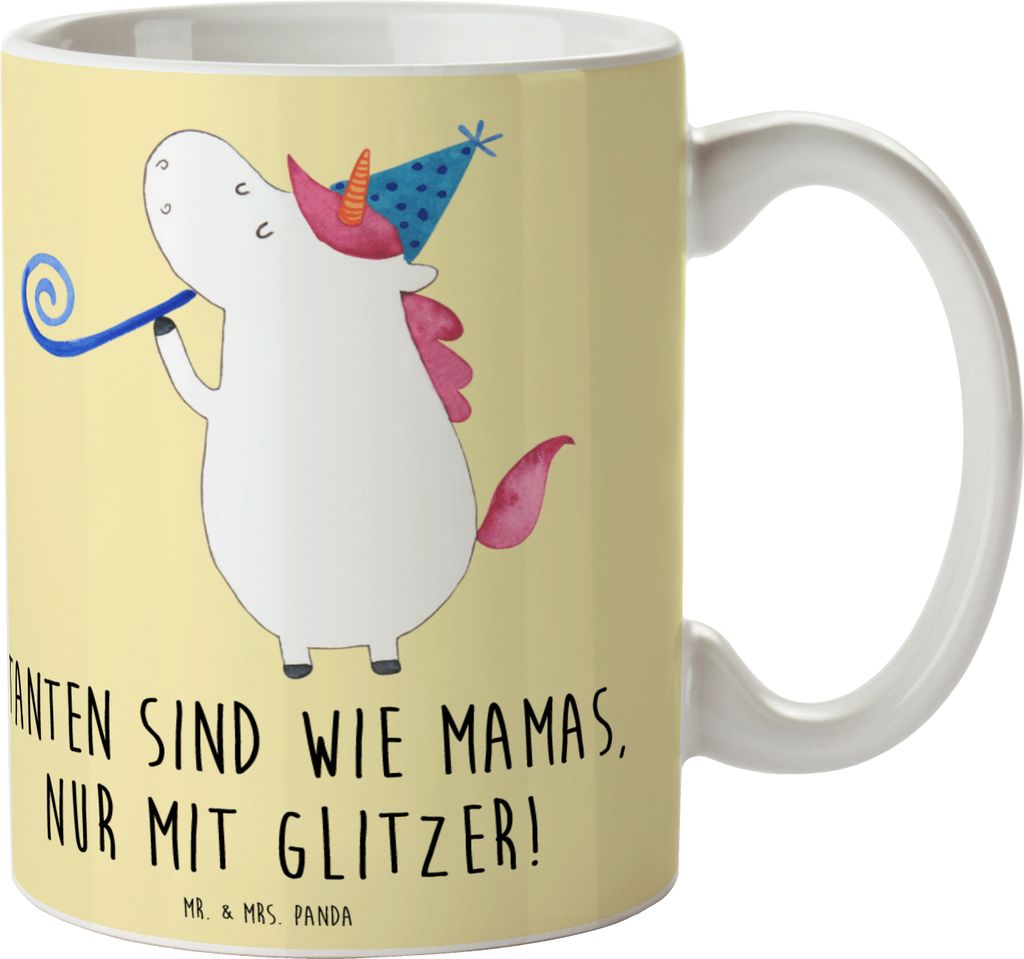 Mr. & Mrs. Panda Kaffeetasse Glitzernde Tante - Gelb Pastell - Geschenk, Geschenke, Neffe, Dankeschön, Freude, haferl, Trinkbecher, Jubiläen, Pot...