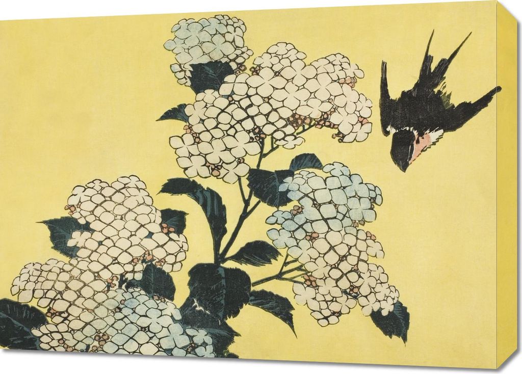 Bild 70x50cm Hortensie und Schwalbe, Hokusai Japanisches Vintage für das Wohnzimmer