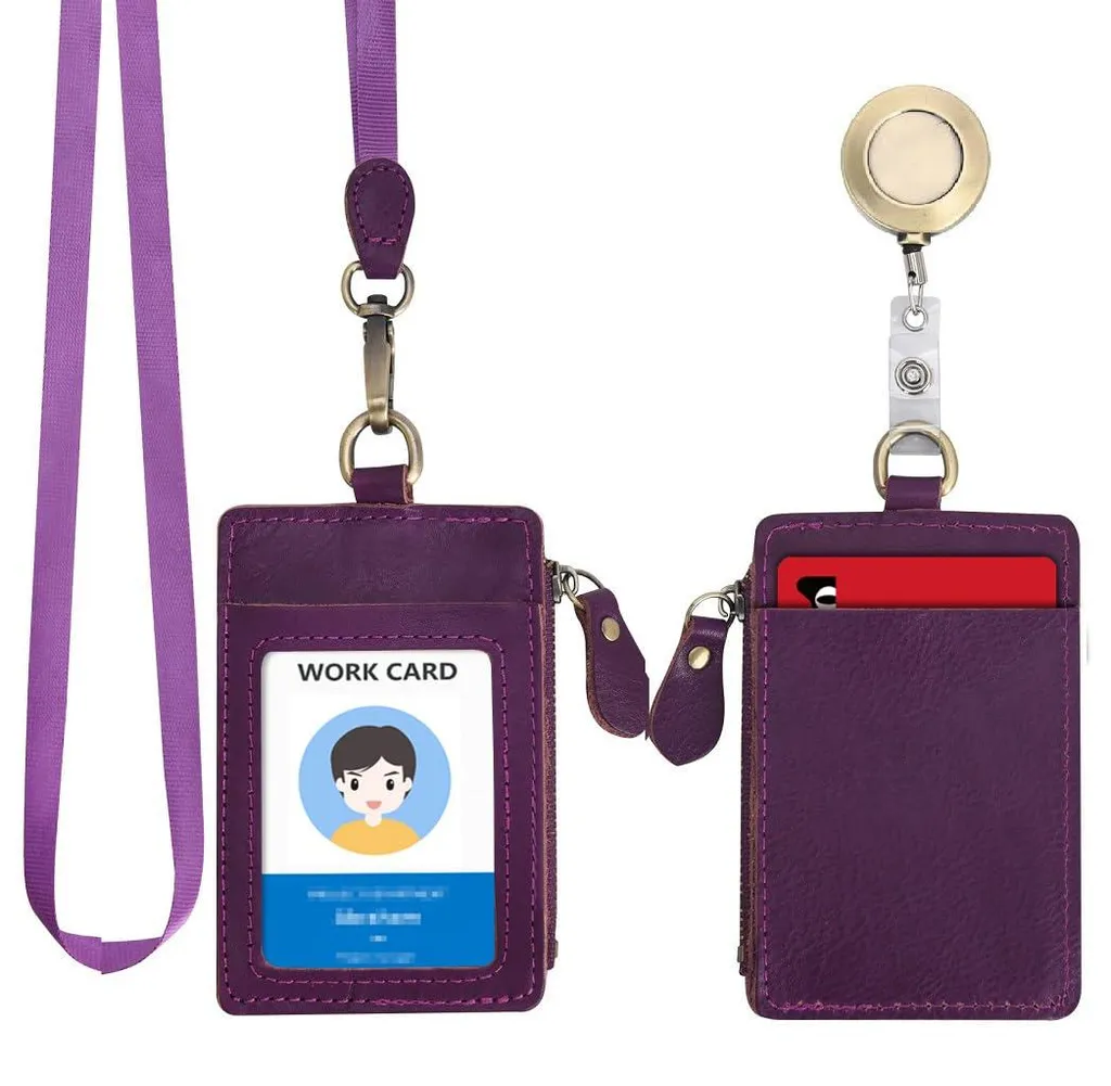 Étui pour cartes d'identité en cuir violet avec porte-monnaie