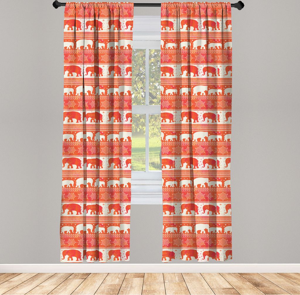 ABAKUHAUS orientalisch Vorhänge, Gardinen, Hand gezeichnete Traditionelle Elefant Silhouetten und Motive, 2 Stück 75 x 245 cm, , Dunkle Koralle Z...