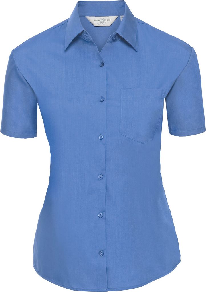Russell Collection Poplin Bluse, Kurzarm, pflegeleicht BC1028 (XS) (Blau)