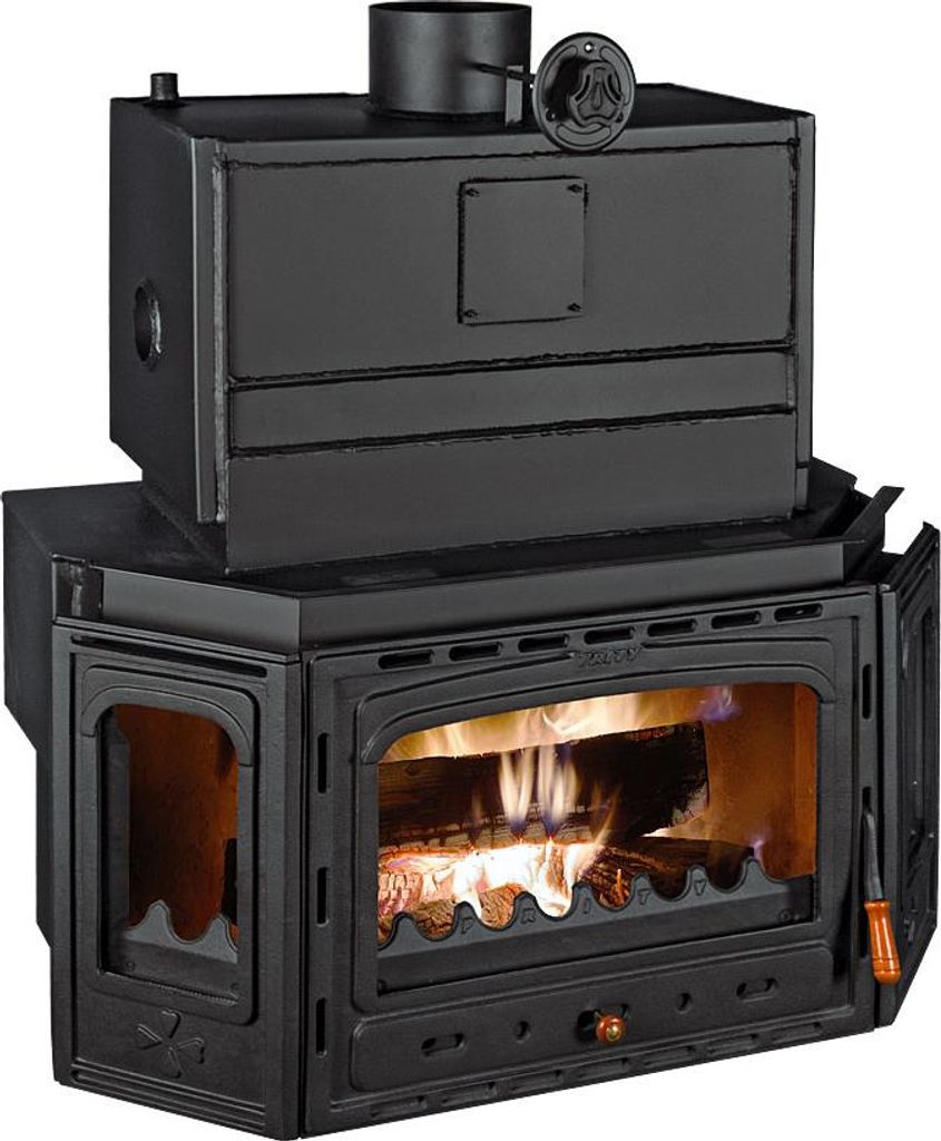 A black wood-burning stove with a glass door showing a fire inside.