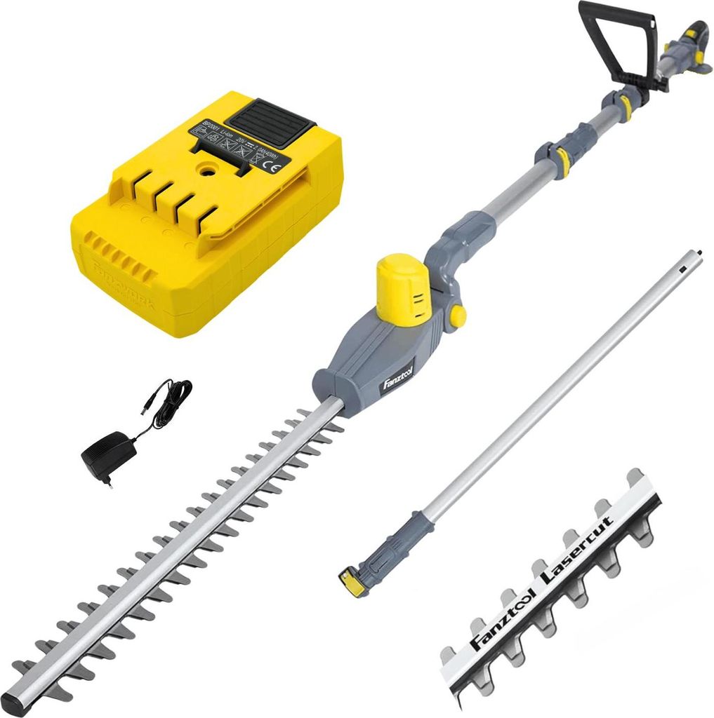 A collection of cordless hedge trimmer components, including a battery, charger, main unit, and extension pole, laid out against a white background.