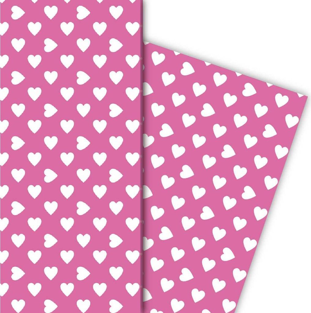 Romantisches Geschenkpapier mit großen Herzen weiß auf rosa - G5377, 32 x 48cm